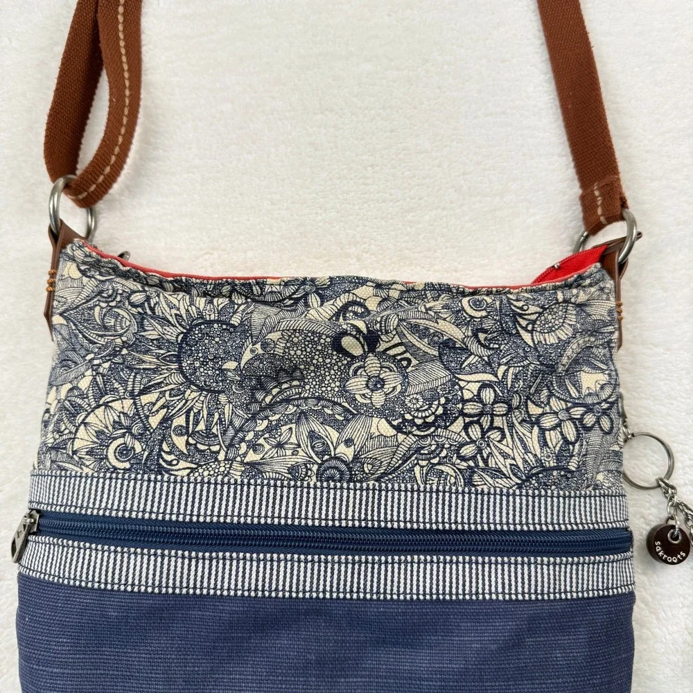 Sakroots Crossbody Bag Blue Floral‎ Canvas Boho Artist Circle Adjustable Strap
